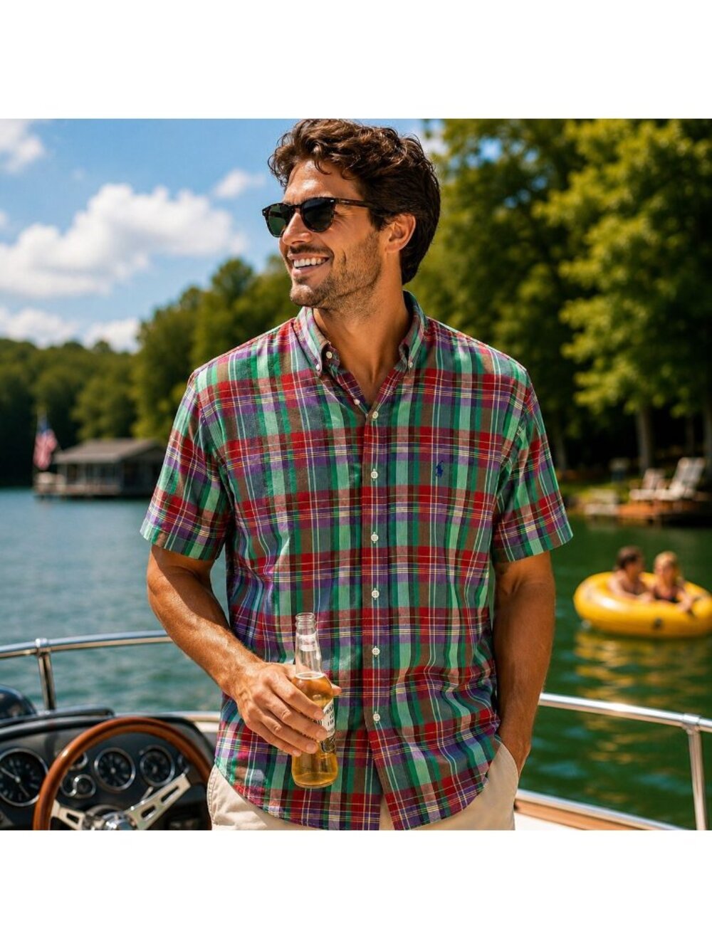 Ralph Lauren Men L Red Green Plaid Blake Button-Down Shirt Cotton Short Sleeve